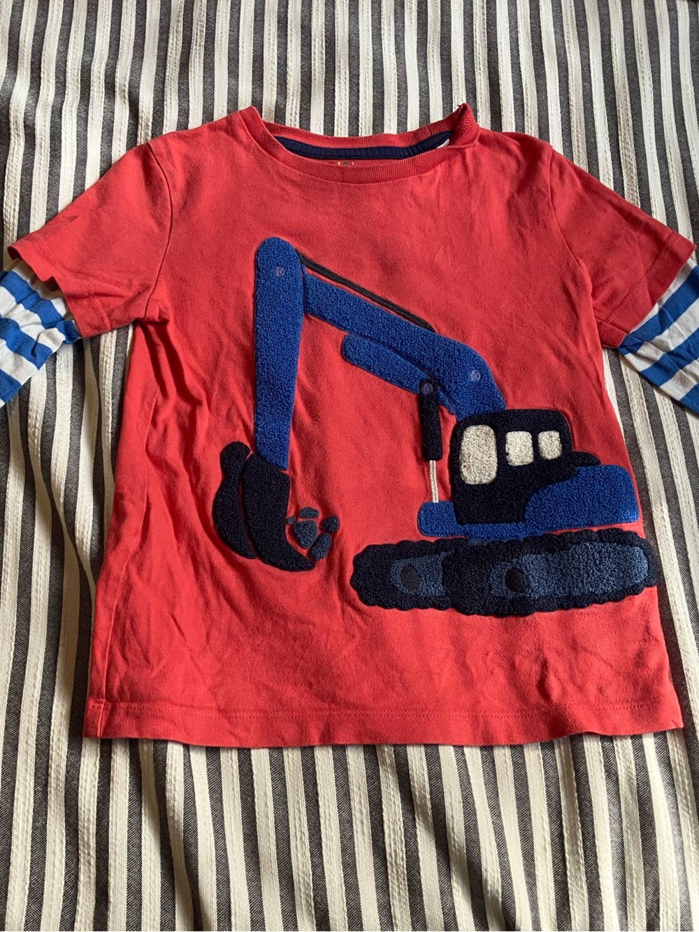 Mini Boden Red Long-Sleeve Tee with Blue Striped Sleeves and Blue Excavator